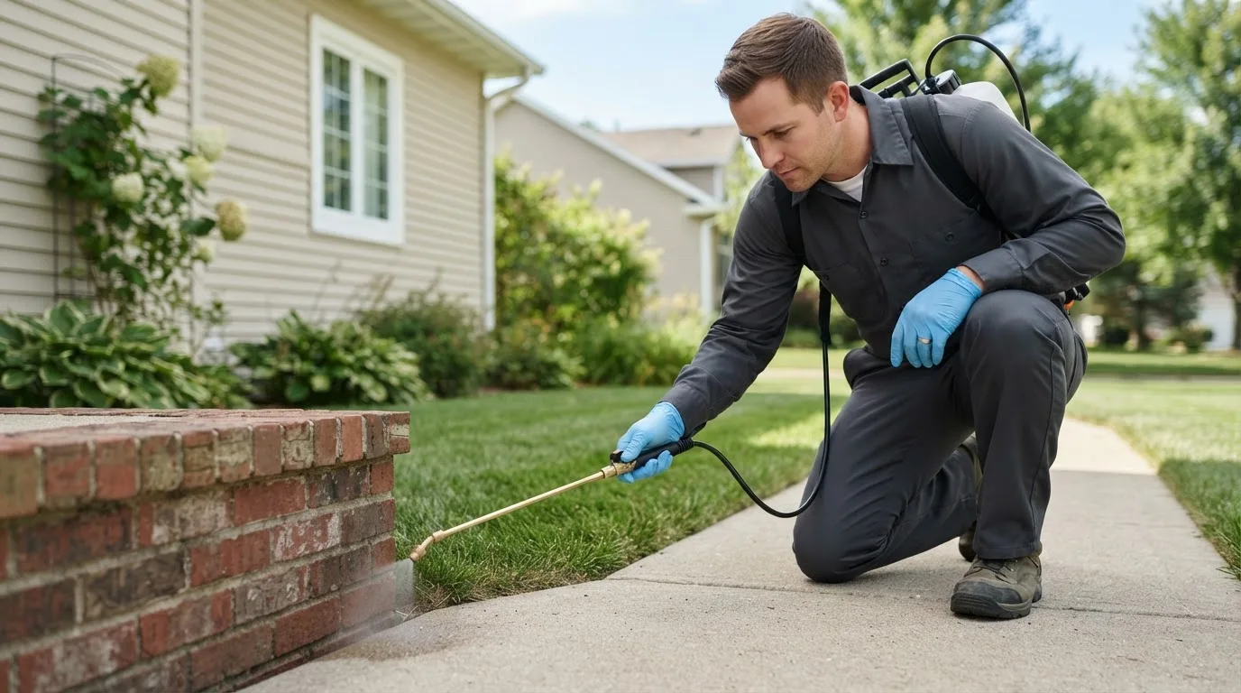 Pest control technician treating a home near Peculiar, MO